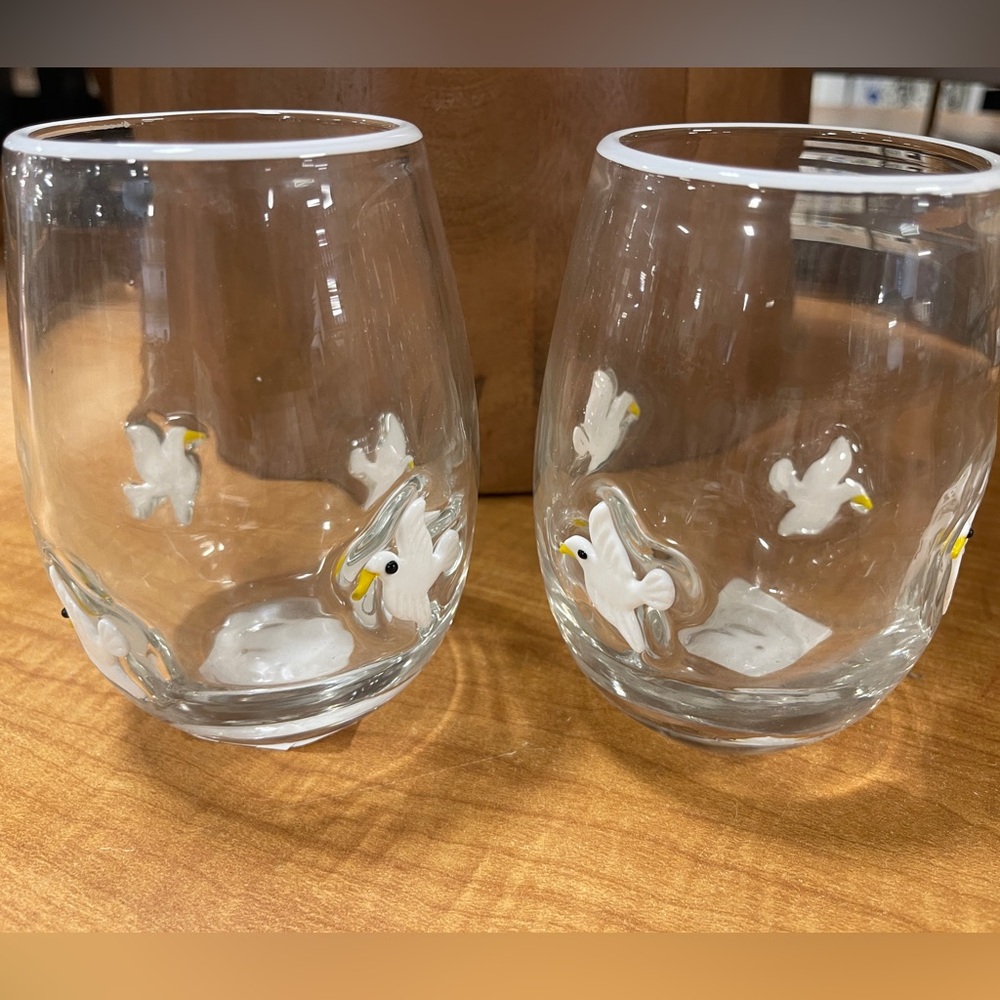 Seagull bird Lampwork Glass Embedded Stemless Wine Drinking Glasses set of 2 NWT